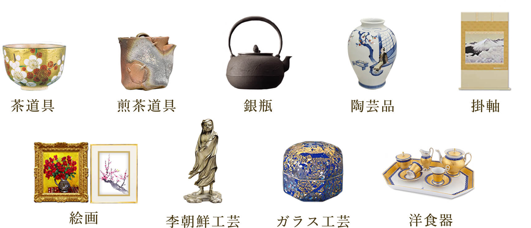 茶道具、煎茶道具、銀瓶、陶芸品、掛軸、絵画、李朝鮮工芸、ガラス工芸、洋食器